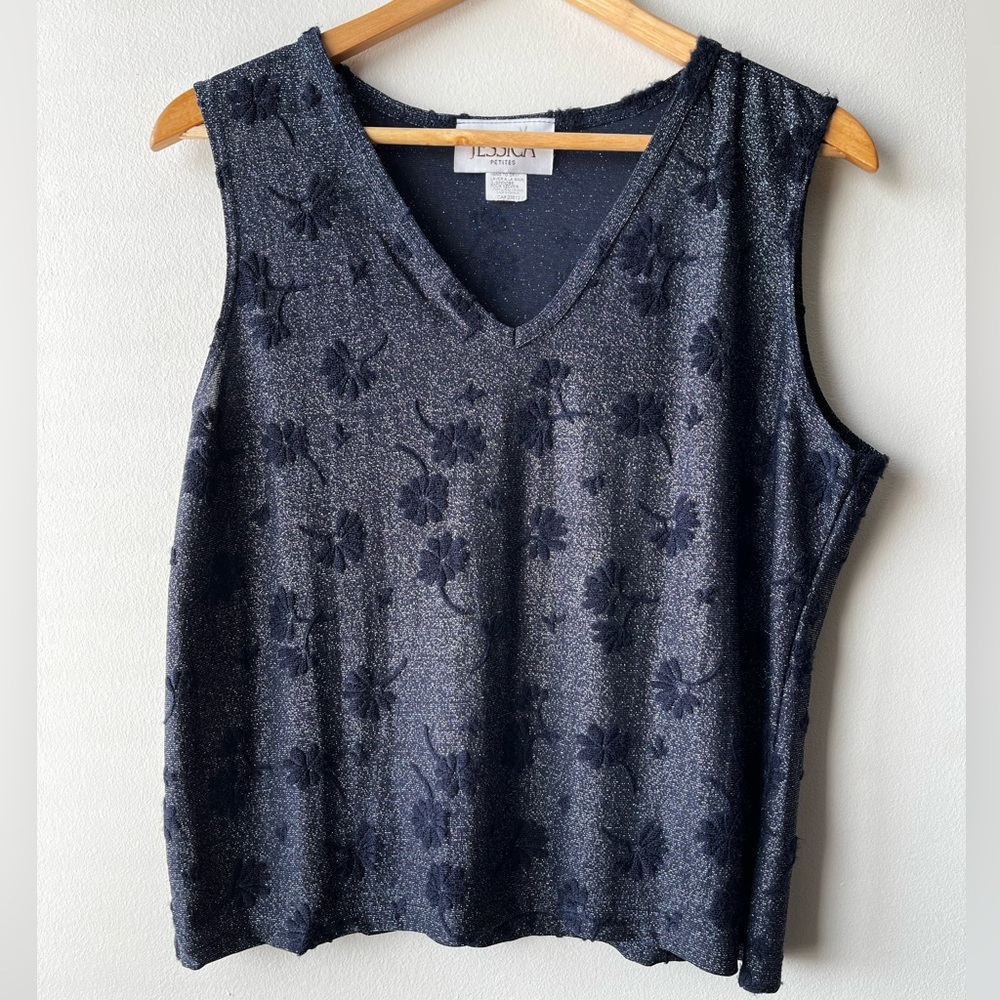 90s Vintage Navy Blue Shimmery Flower Top - Made in Canada